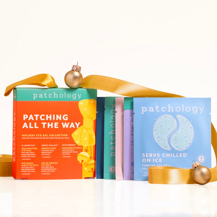 Holiday eye mask collection with decorative ribbon and ornaments on a white background