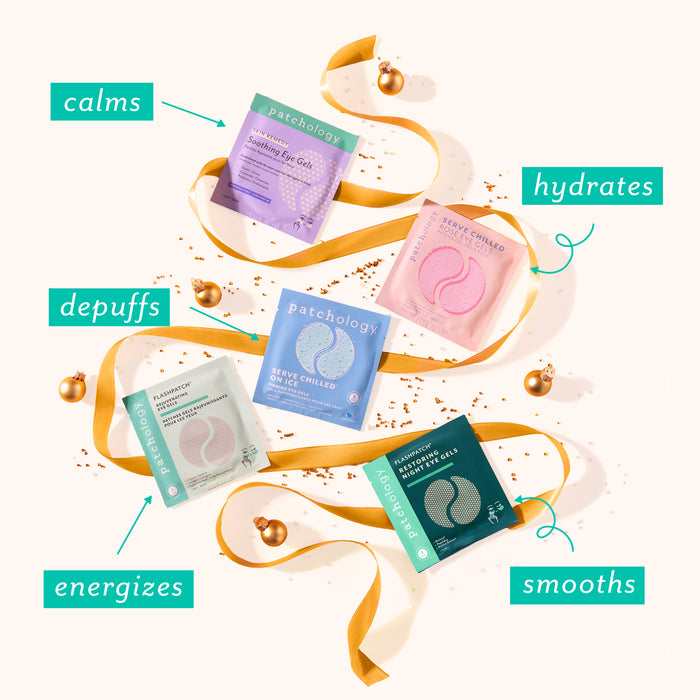 Eye patches with text indicating their benefits on a white background hydrates calms depuffs, energizes smooths