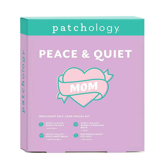 Patchology Peace & Quiet Mom indulgent self-care facial kit box in soft lavender, featuring a heart graphic and highlighting a relaxing, pampering skincare set with eye gels and sheet masks