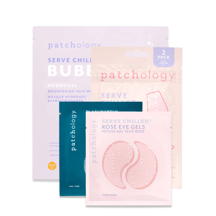 Patchology Serve Chilled collection featuring Bubbly brightening hydrogel mask and Rosé eye gels, designed to hydrate, brighten, and refresh for a radiant, dewy glow