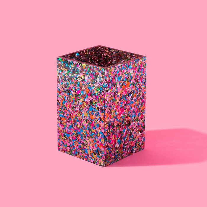 Colorful confetti-themed Taylor Elliott Designs pencil and pen cup with vibrant, playful design for desk organization.