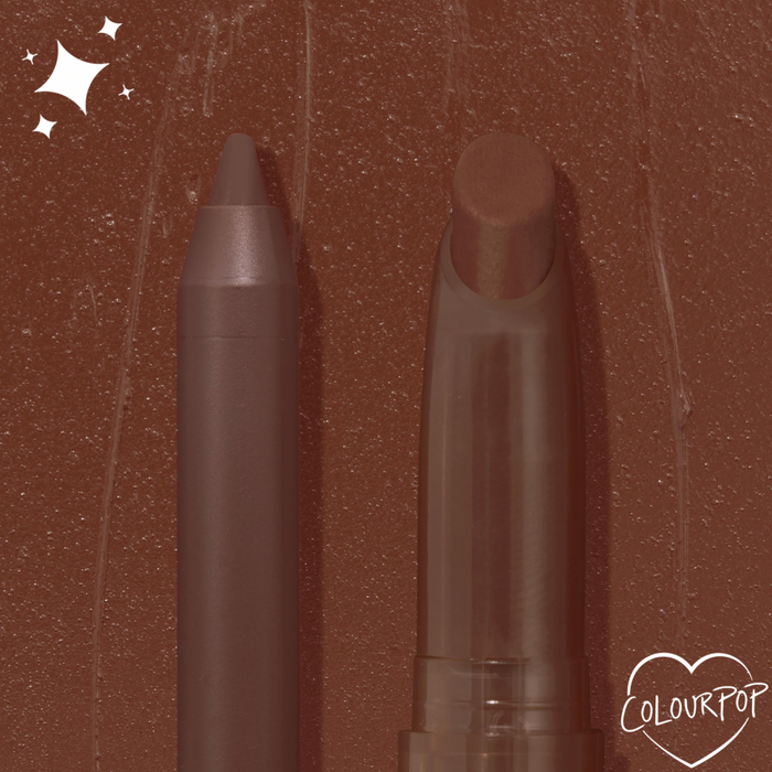 ColourPop Lippie Pencil in Pitch stands upright with a sharpened tip, paired with a matching lip crayon on a smeared chocolate-brown backdrop featuring a small ColourPop heart logo, highlighting the deep brown shade.