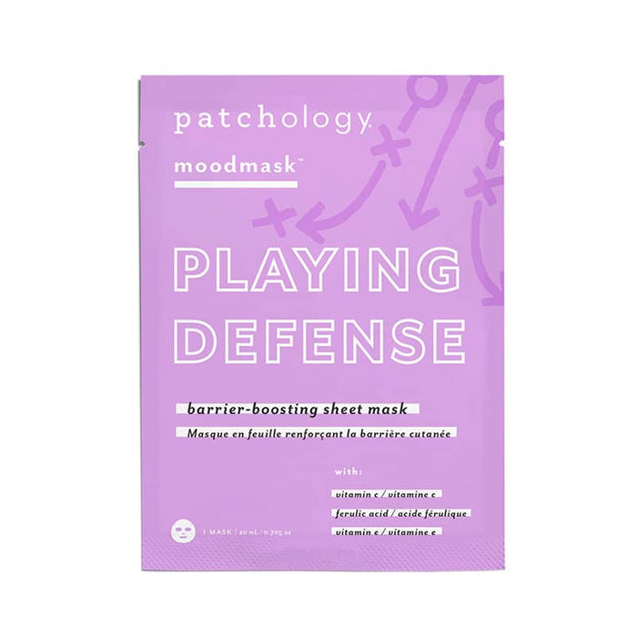 Patchology Playing Defense sheet mask in purple packaging with white text and playful arrow graphics.