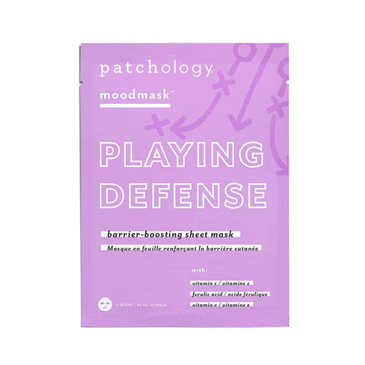 Patchology Playing Defense sheet mask in purple packaging with white text and playful arrow graphics.