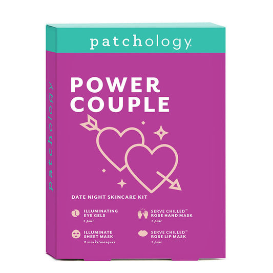 Patchology “Power Couple” date night skincare kit packaging in vibrant pink, featuring eye gels, sheet masks, hand mask, and lip mask for a complete self-care set
