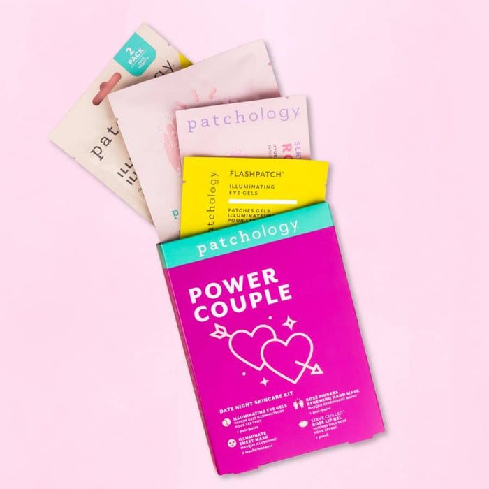 Patchology “Power Couple” date-night skincare kit with assorted masks and eye gels, featuring a playful pink package and multi-product set