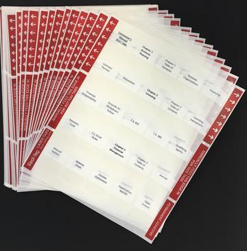 Set of preprinted red and white tabs with labels for organizing Florida General Contractor License study books