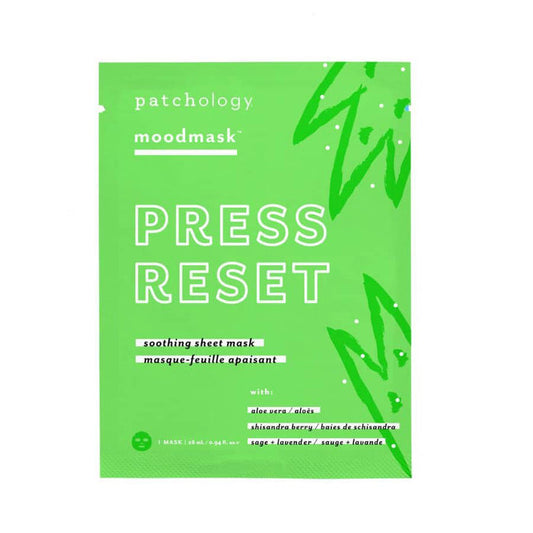 Four Patchology Press Reset soothing sheet mask in fanned green packet for facial skincare.
