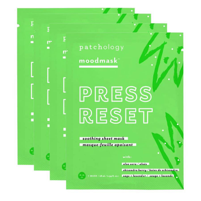 Four Patchology Press Reset soothing sheet masks in fanned green packets for facial skincare.