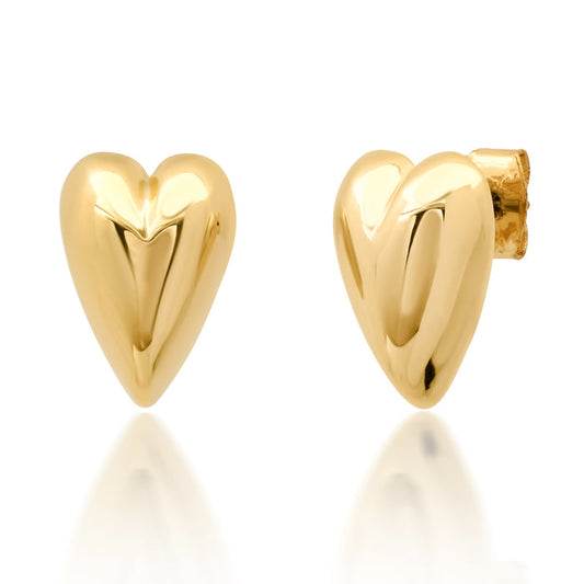 Gold-tone puffed heart stud earrings with curved glossy front and matching posts.