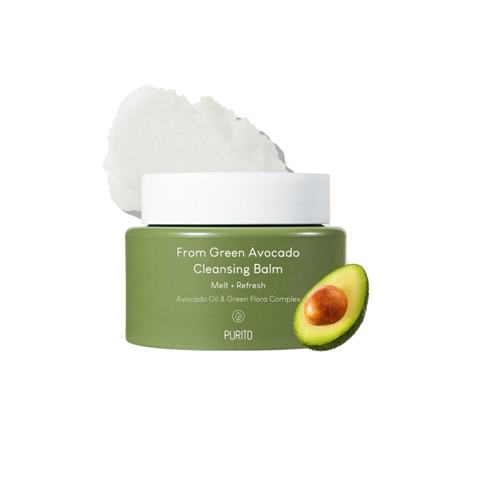 PURITO From Green Avocado Cleansing Balm is a nourishing cleansing balm formulated with 10,000 ppm of Avocado Oil to effectively melt away makeup, sunscreen, and impurities while keeping the skin hydrated. Infused with Watermelon Seed Oil, Baobab Seed Oil, and a blend of nutrient-rich green extracts like Spinach and Broccoli, this balm leaves the skin feeling soft, refreshed, and deeply cleansed. Its smooth, balm-to-oil texture glides on easily, making it perfect for removing even stubborn makeu