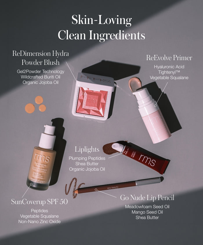 Flat lay of RMS Discovery Kit products including ReDimension Hydra Powder Blush, ReEvolve Primer, Liplights, SunCoverup SPF 50, and Go Nude Lip Pencil with clean, skin-loving natural ingredients listed.