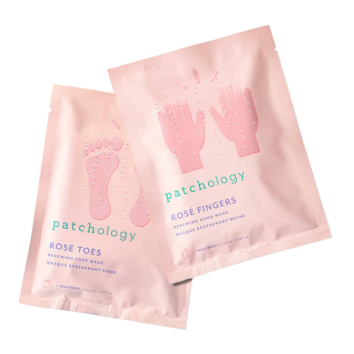 Patchology Rosé Toes and Rosé Fingers renewing mask sachets in soft pink packaging, featuring foot and hand treatments designed to hydrate and soften skin