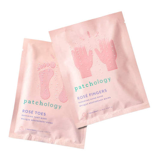 Patchology Rosé Toes and Rosé Fingers renewing mask sachets in soft pink packaging, featuring foot and hand treatments designed to hydrate and soften skin