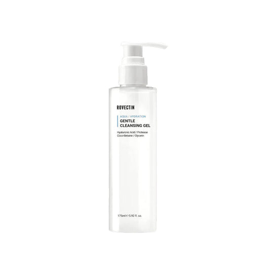 ROVECTIN Aqua Gentle Cleansing Gel is a mild, hydrating cleanser that effectively removes impurities while maintaining the skin's natural moisture balance. Infused with multiple forms of Hyaluronic Acid and Quillaja Saponaria Bark Extract, this cleanser delivers deep hydration and a soothing cleanse, leaving the skin soft and refreshed. Its gentle, sulfate-free formula is perfect for all skin types, including sensitive and dry skin, providing a non-stripping, calming cleansing experience. Ideal