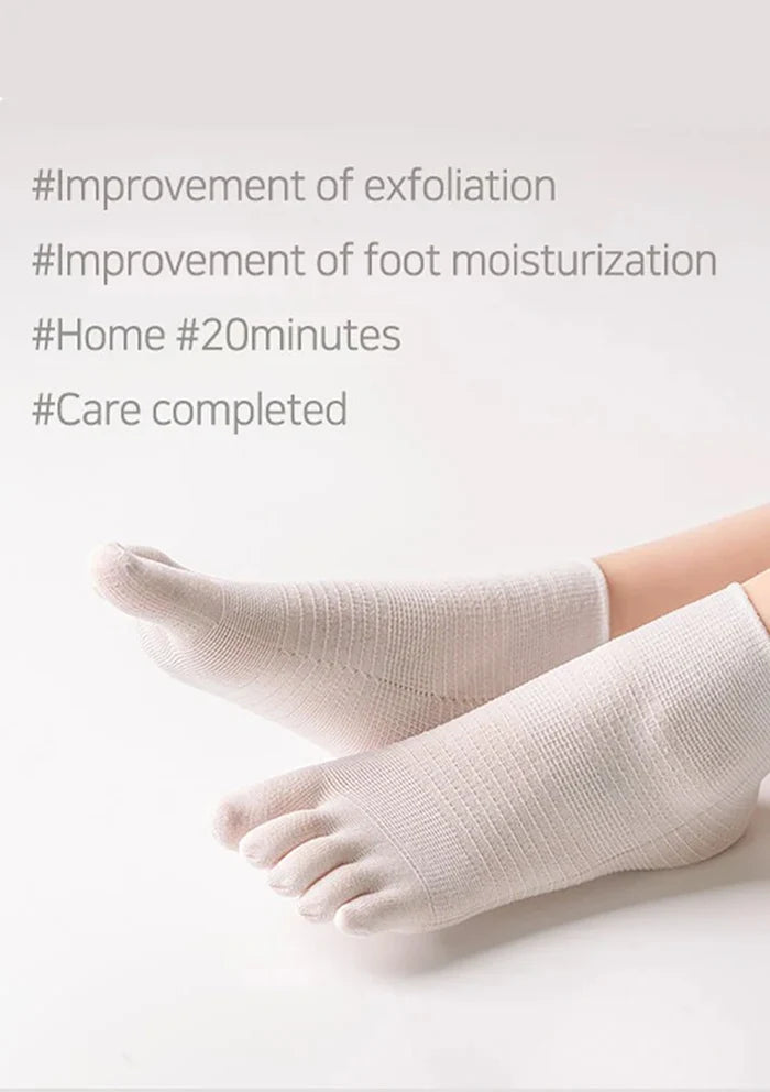 Person wearing white socks with text about exfoliation and foot moisturization on a light gray background