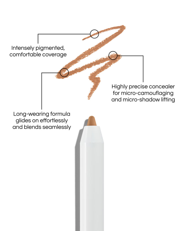 Close up of Pinpoint® Concealer with cream pencil tip, shown with a shade swatch, demonstrating the product's tones and texture, with text: Intensely pigmented, comfortable coverage. Long-wearing formular glides on effortlessly and blends seamlessly. Highly precise concealer for micro-camouflaging and micro-shado lifting.