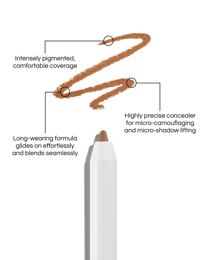 Close up of Pinpoint® Concealer with cream pencil tip, shown with a shade swatch, demonstrating the product's tones and texture, with text: Intensely pigmented, comfortable coverage. Long-wearing formular glides on effortlessly and blends seamlessly. Highly precise concealer for micro-camouflaging and micro-shado lifting.