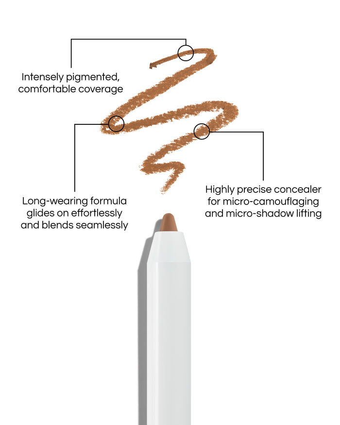 Close up of Pinpoint® Concealer with cream pencil tip, shown with a shade swatch, demonstrating the product's tones and texture, with text: Intensely pigmented, comfortable coverage. Long-wearing formular glides on effortlessly and blends seamlessly. Highly precise concealer for micro-camouflaging and micro-shado lifting.