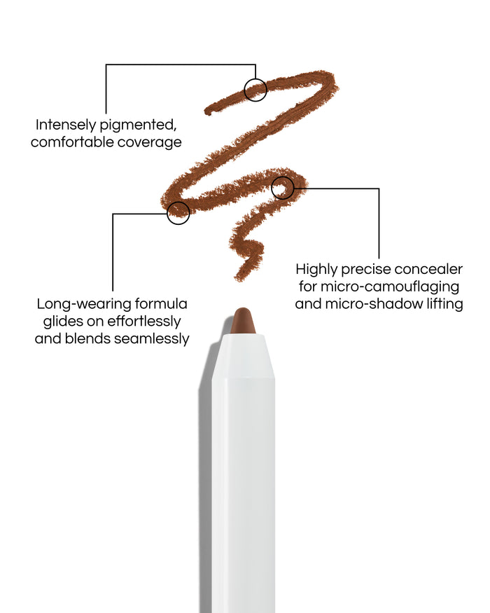 Close up of Pinpoint® Concealer with cream pencil tip, shown with a shade swatch, demonstrating the product's tones and texture, with text: Intensely pigmented, comfortable coverage. Long-wearing formular glides on effortlessly and blends seamlessly. Highly precise concealer for micro-camouflaging and micro-shado lifting.