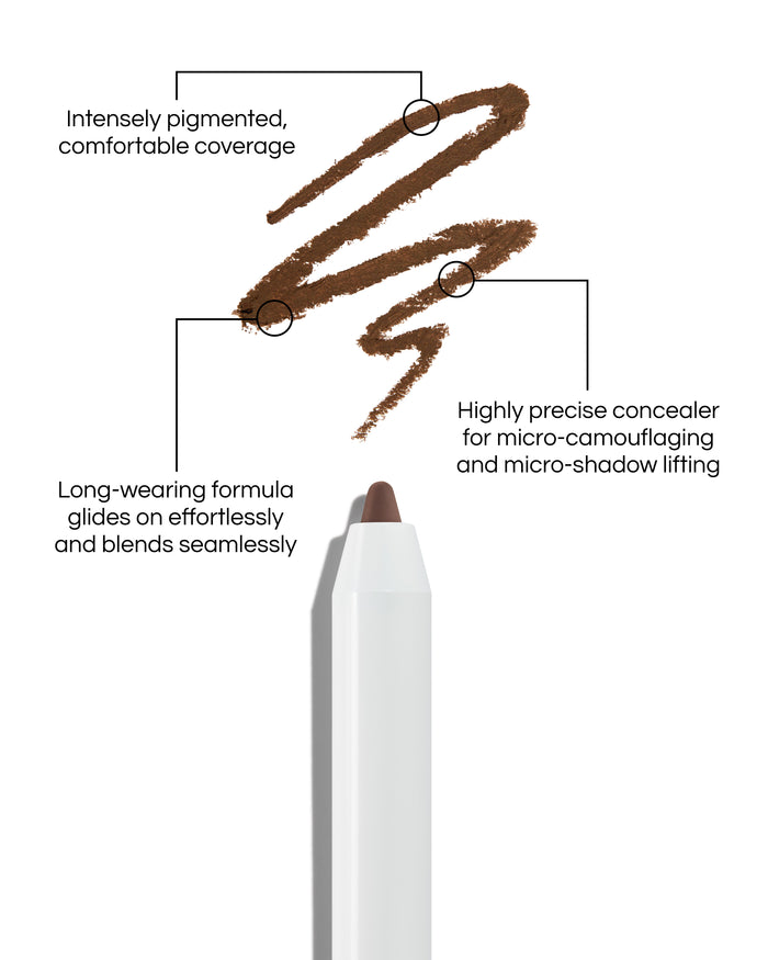 Close up of Pinpoint® Concealer with cream pencil tip, shown with a shade swatch, demonstrating the product's tones and texture, with text: Intensely pigmented, comfortable coverage. Long-wearing formular glides on effortlessly and blends seamlessly. Highly precise concealer for micro-camouflaging and micro-shado lifting.