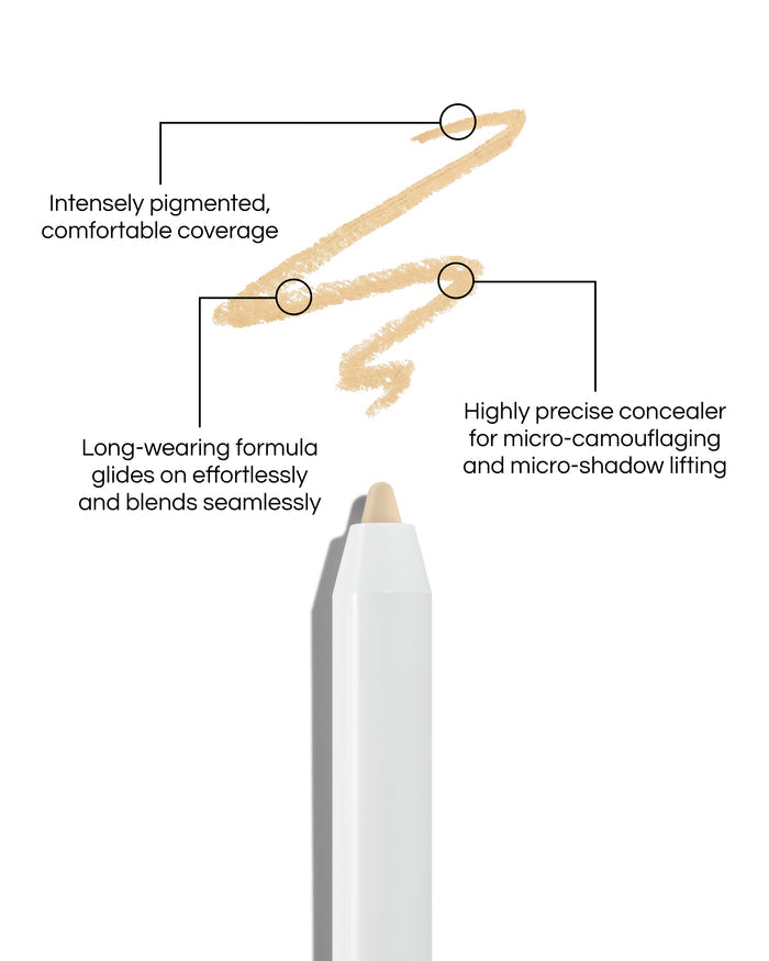 Close up of Pinpoint® Concealer with cream pencil tip, shown with a shade swatch, demonstrating the product's tones and texture, with text: Intensely pigmented, comfortable coverage. Long-wearing formular glides on effortlessly and blends seamlessly. Highly precise concealer for micro-camouflaging and micro-shado lifting.