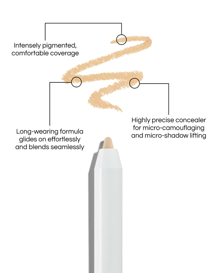 Close up of Pinpoint® Concealer with cream pencil tip, shown with a shade swatch, demonstrating the product's tones and texture, with text: Intensely pigmented, comfortable coverage. Long-wearing formular glides on effortlessly and blends seamlessly. Highly precise concealer for micro-camouflaging and micro-shado lifting.