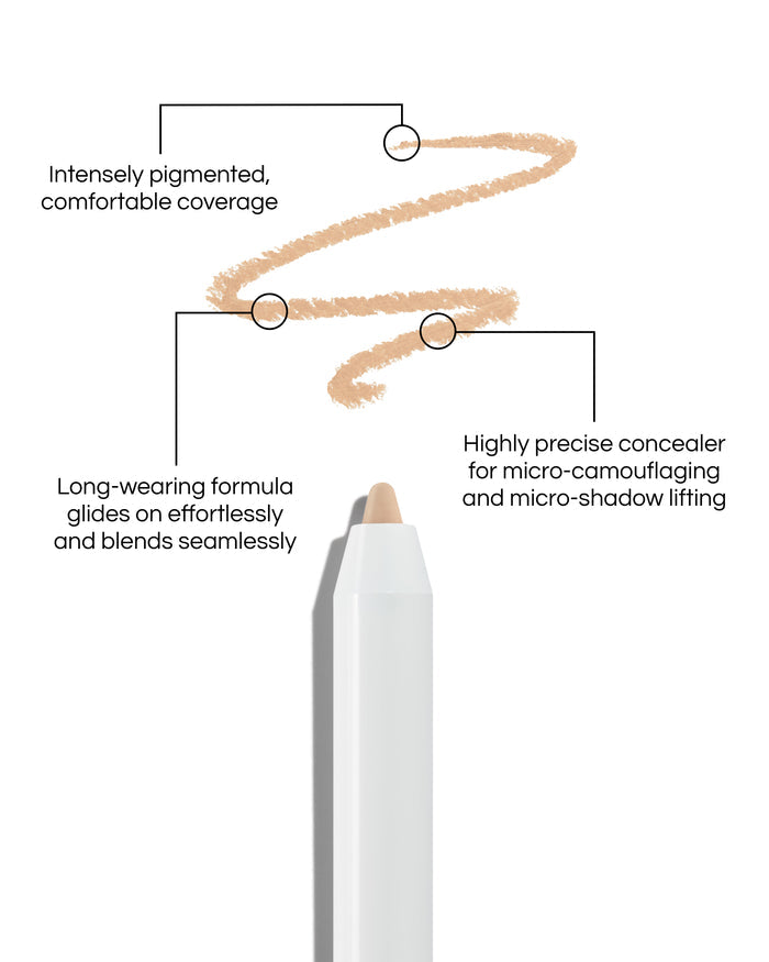 Close up of Pinpoint® Concealer with cream pencil tip, shown with a shade swatch, demonstrating the product's tones and texture, with text: Intensely pigmented, comfortable coverage. Long-wearing formular glides on effortlessly and blends seamlessly. Highly precise concealer for micro-camouflaging and micro-shado lifting.