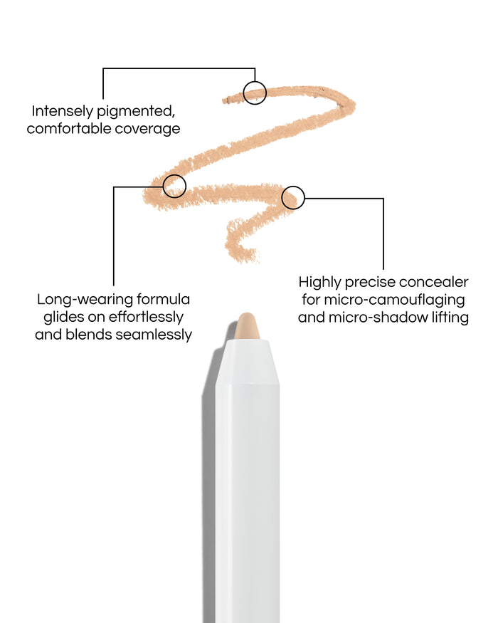 Close up of Pinpoint® Concealer with cream pencil tip, shown with a shade swatch, demonstrating the product's tones and texture, with text: Intensely pigmented, comfortable coverage. Long-wearing formular glides on effortlessly and blends seamlessly. Highly precise concealer for micro-camouflaging and micro-shado lifting.