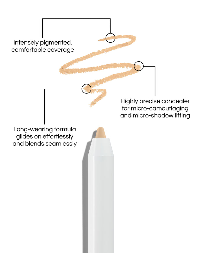 Close up of Pinpoint® Concealer with cream pencil tip, shown with a shade swatch, demonstrating the product's tones and texture, with text: Intensely pigmented, comfortable coverage. Long-wearing formular glides on effortlessly and blends seamlessly. Highly precise concealer for micro-camouflaging and micro-shado lifting.