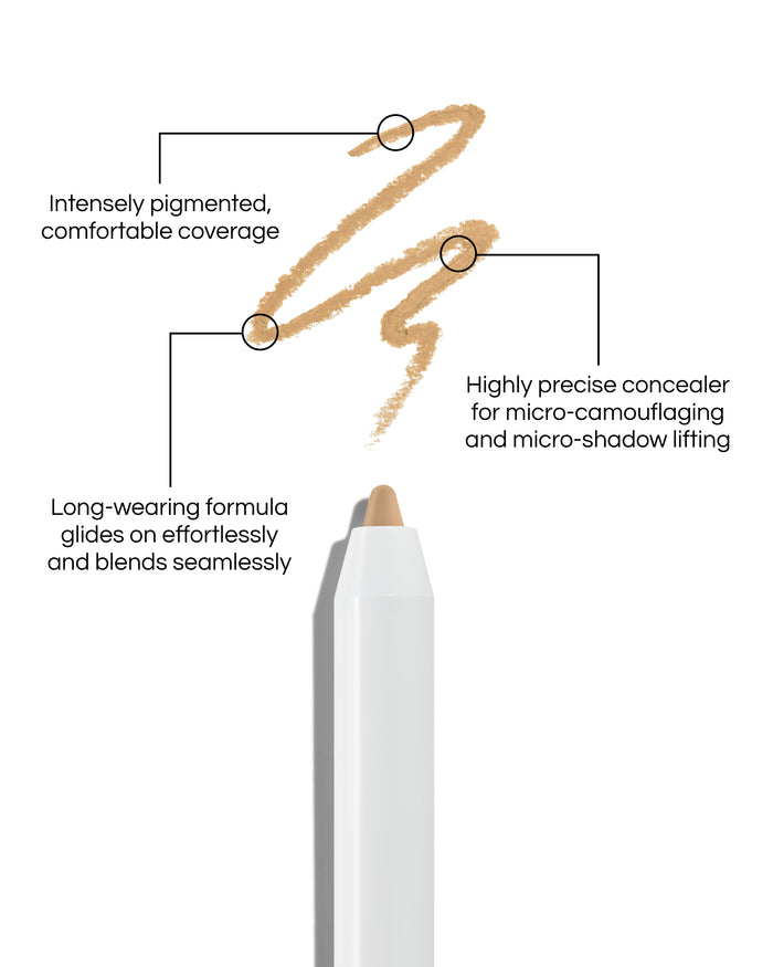 Close up of Pinpoint® Concealer with cream pencil tip, shown with a shade swatch, demonstrating the product's tones and texture, with text: Intensely pigmented, comfortable coverage. Long-wearing formular glides on effortlessly and blends seamlessly. Highly precise concealer for micro-camouflaging and micro-shado lifting.