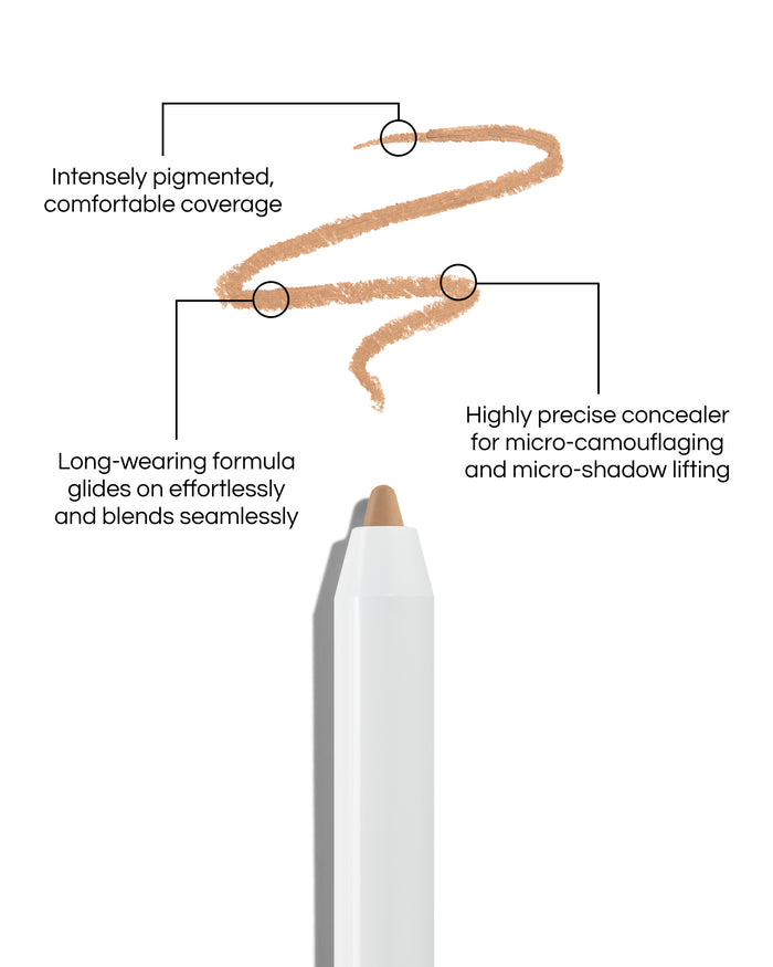 Close up of Pinpoint® Concealer with cream pencil tip, shown with a shade swatch, demonstrating the product's tones and texture, with text: Intensely pigmented, comfortable coverage. Long-wearing formular glides on effortlessly and blends seamlessly. Highly precise concealer for micro-camouflaging and micro-shado lifting.