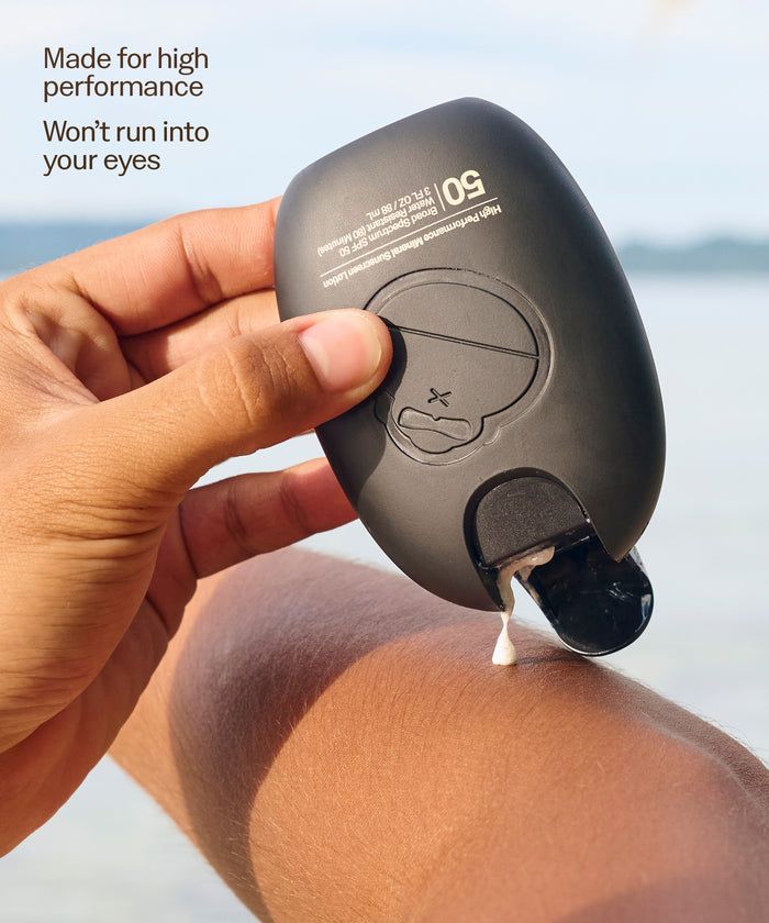 Hand applying Signature SPF 50 Mineral Lotion by Sun Bum that won’t run into eyes with high performance formula. Made for high performance
Won't run into your eyes