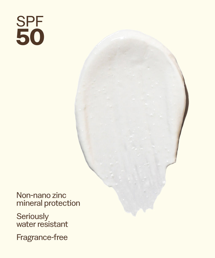 Sun Bum Signature SPF 50 Mineral Lotion cream swatch with non-nano zinc, water resistant, and fragrance-free features. Non-nano zinc mineral protection
Seriously water resistant
Fragrance-free