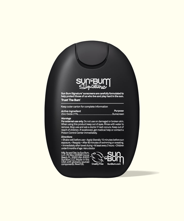 Back of Sun Bum Signature SPF 50 Mineral Lotion bottle showing product details and usage instructions.