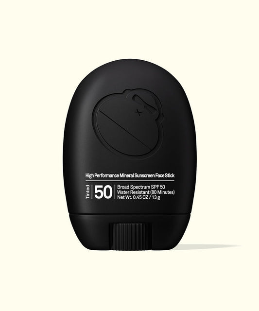 Sun Bum Signature tinted sunscreen face stick in black packaging with SPF 50 and water resistance.