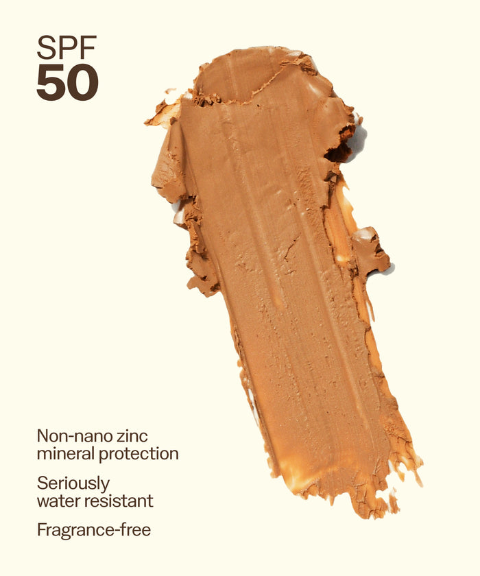 Sun Bum Signature SPF 50 Tinted Mineral Face Stick swatch showing tinted mineral coverage with SPF 50 protection.