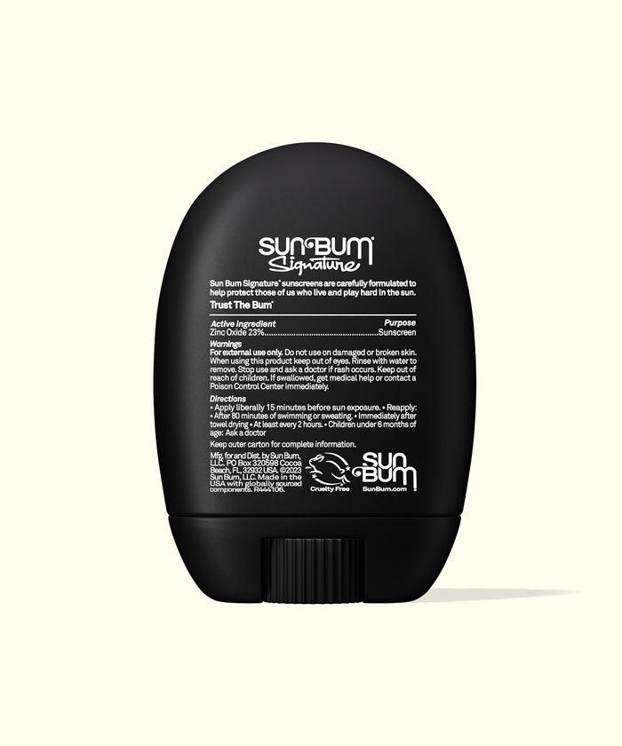 Back view of Sun Bum Signature SPF 50 Tinted Mineral Face Stick with usage instructions and ingredients visible