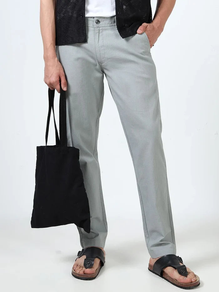 Silisoul Grey Regular Fit Linen Mid-Rise Button Trousers