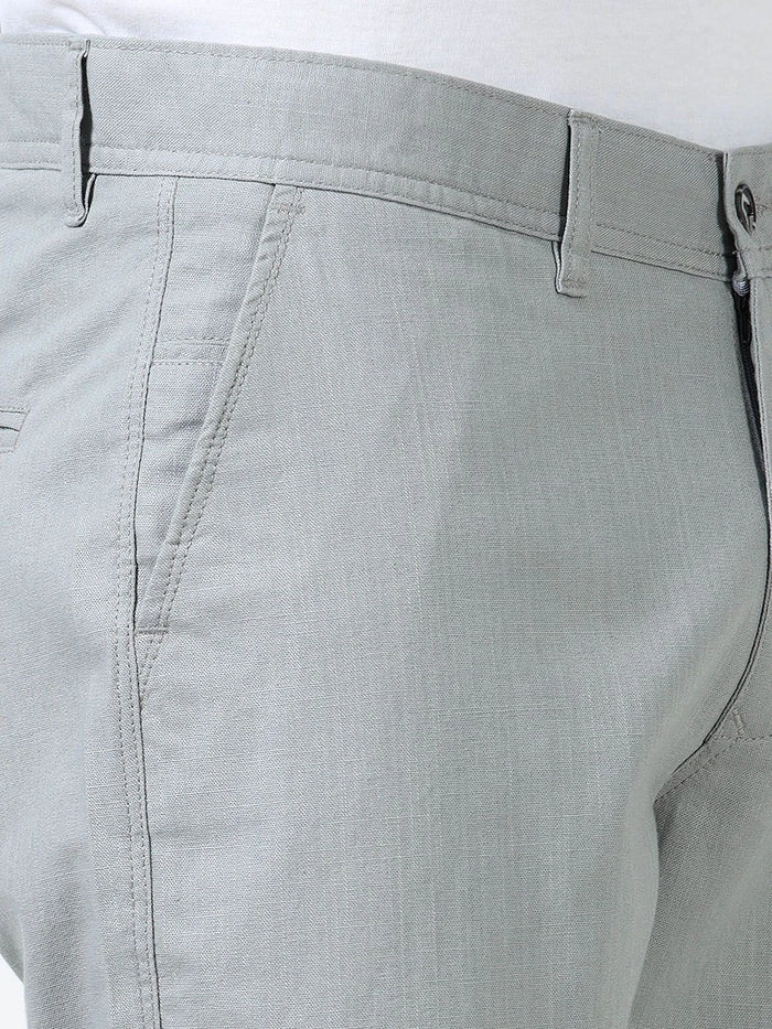 Silisoul Grey Regular Fit Linen Mid-Rise Button Trousers