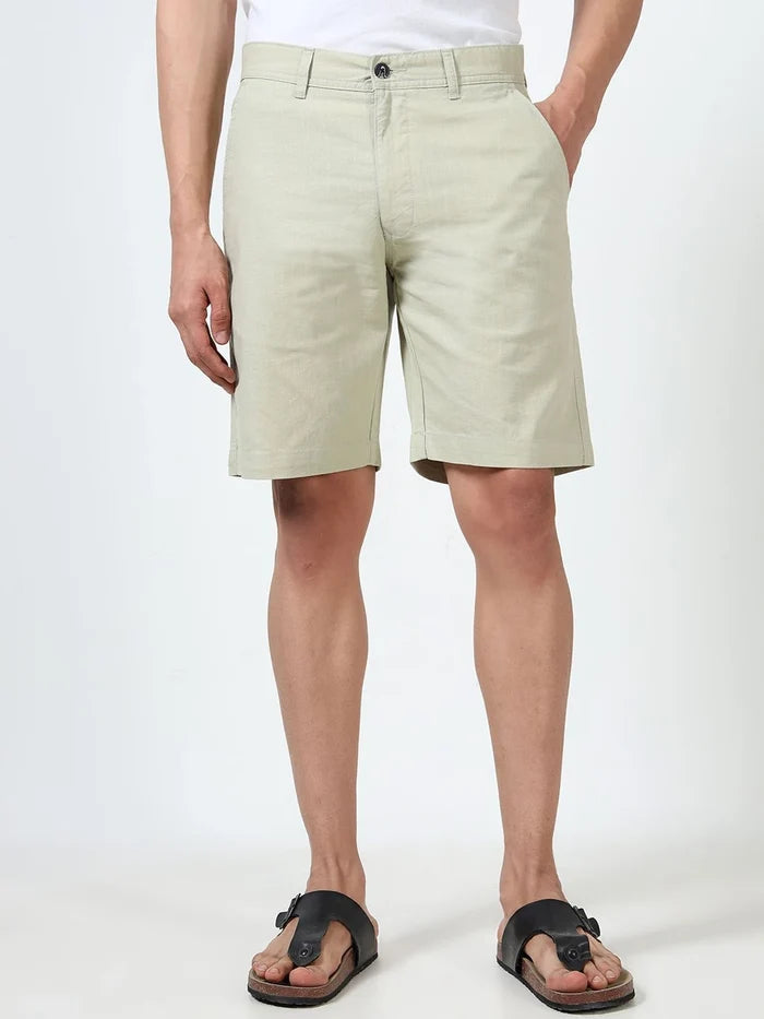 Silisoul Off White Regular Fit Linen Mid-Rise Button Shorts