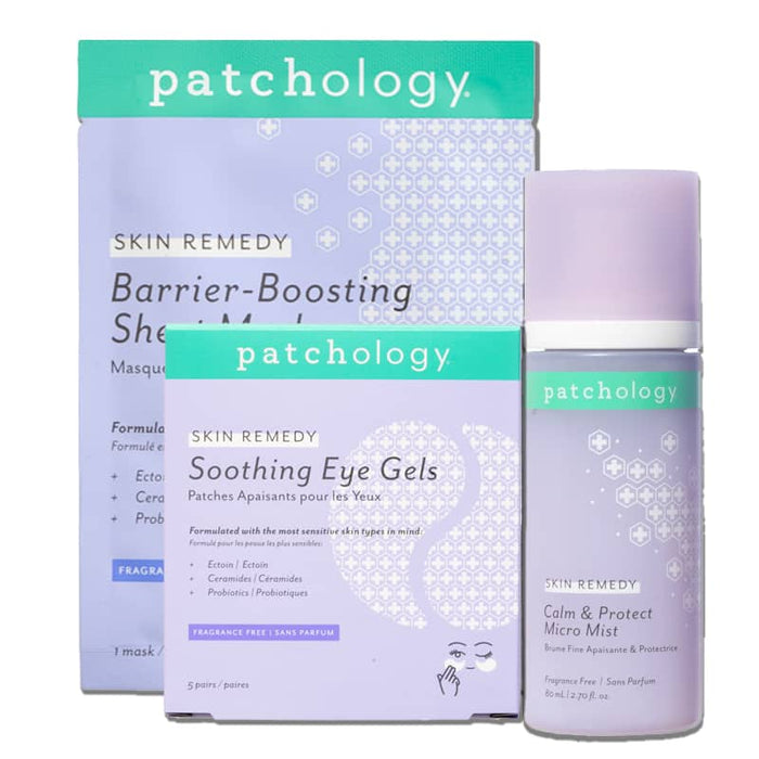 Patchology Skin Remedy collection featuring barrier-boosting sheet mask, soothing eye gels, and Calm & Protect micro mist in soft lavender packaging