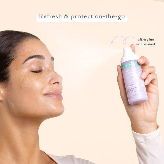 Woman with glowing skin spraying Patchology Calm & Protect Micro Mist, with text “Refresh & protect on-the-go” and “ultra fine micro-mist” highlighting portable skincare benefits