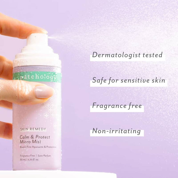 Patchology Calm & Protect Micro Mist being sprayed, with text highlighting “Dermatologist tested,” “Safe for sensitive skin,” “Fragrance free,” and “Non-irritating” benefits