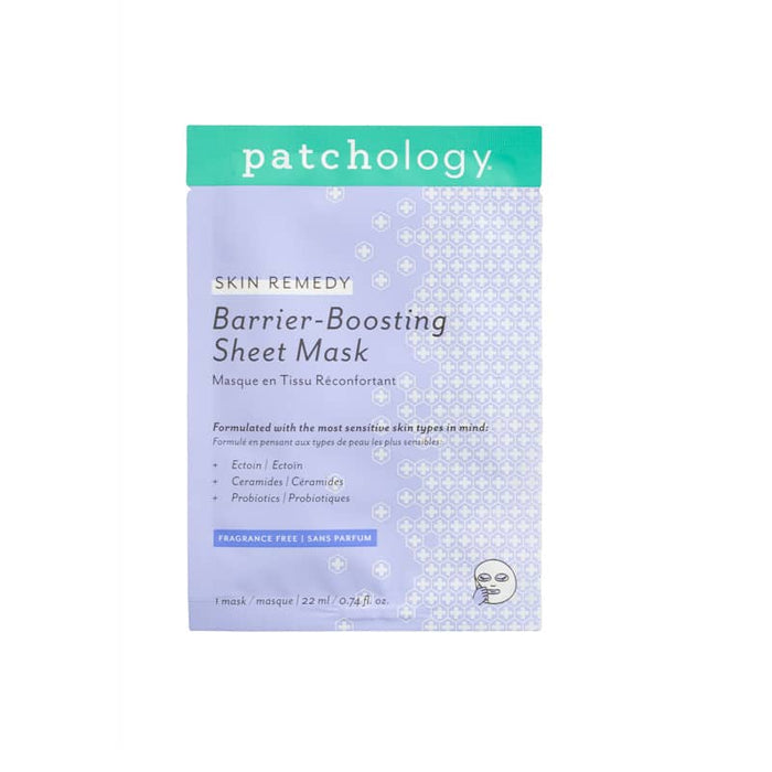 Patchology Skin Remedy Barrier-Boosting Sheet Mask sachet, featuring fragrance-free formula with ectoin, ceramides, and probiotics for sensitive skin