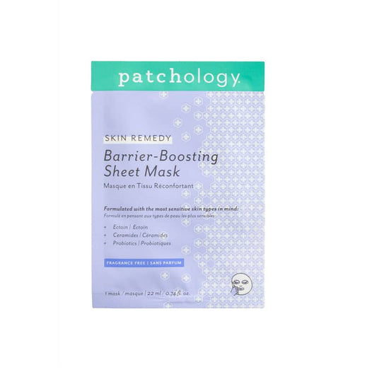 Patchology Skin Remedy Barrier-Boosting Sheet Mask sachet, featuring fragrance-free formula with ectoin, ceramides, and probiotics for sensitive skin
