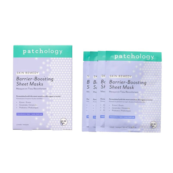 Patchology Skin Remedy Barrier-Boosting Sheet Masks box with individual sachets displayed, highlighting nourishing, fragrance-free treatment for sensitive skin