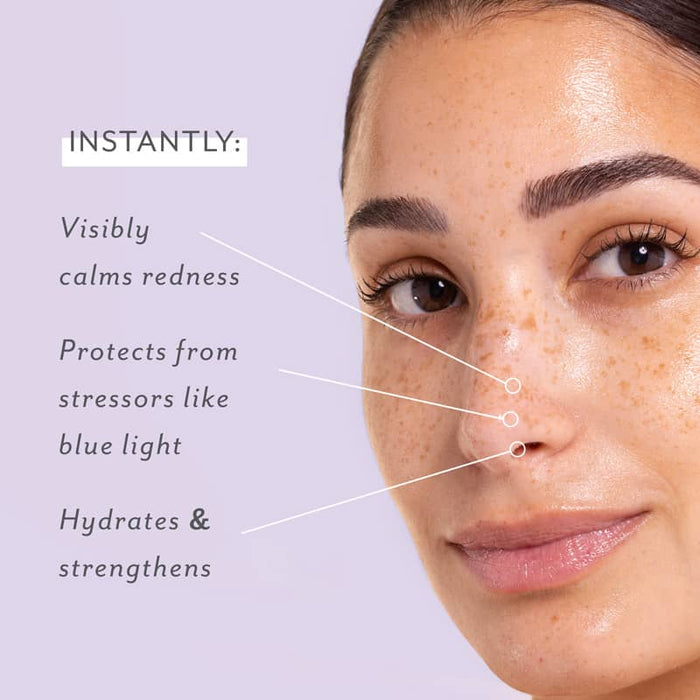 woman wearing skin remedy mist visibly reduces redness protects from blue light stress and hydrateds