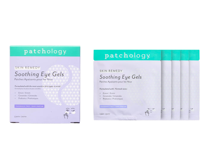 Patchology Skin Remedy Soothing Eye Gels box with individual sachets displayed, highlighting calming, fragrance-free under-eye treatment for sensitive skin