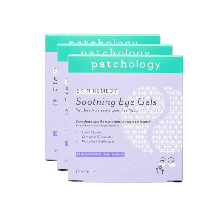 Three stacked boxes of Patchology Skin Remedy Soothing Eye Gels with lavender packaging and teal branding on a neutral background
